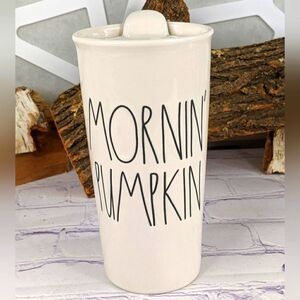Rae Dunn MORNIN' PUMPKIN Ceramic Travel Tumbler Mug with Lid